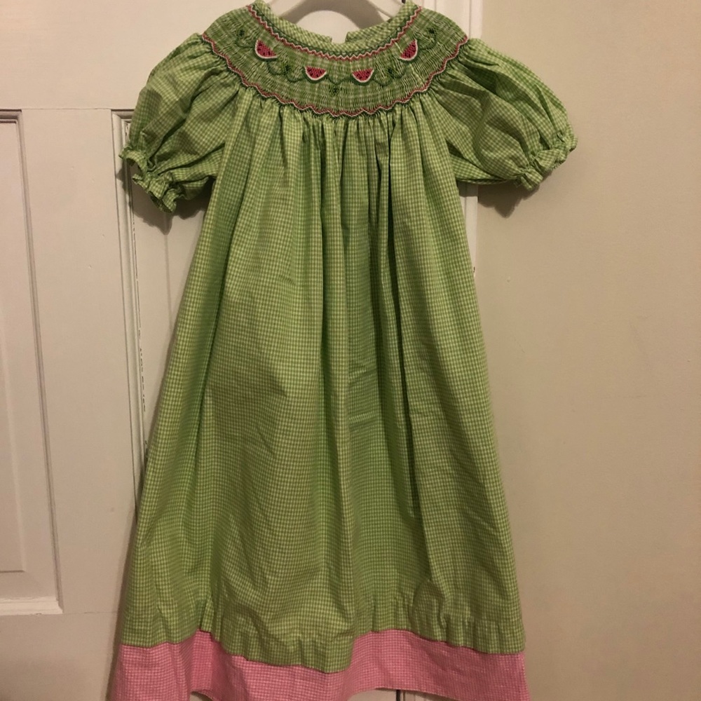 Green gingham smocked bishop dress